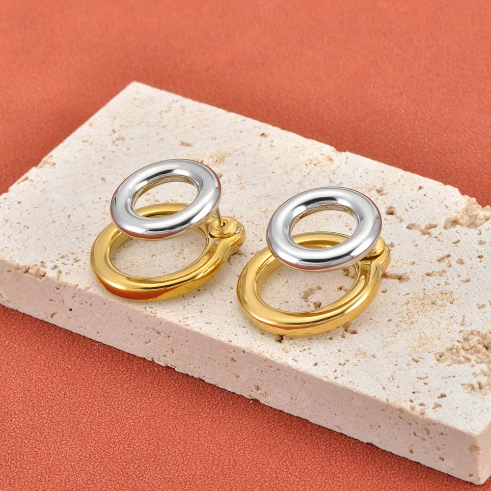Lokaer Edelstahl-Ohrringe mit doppeltem Kreis, rund, wasserdicht, für den täglichen Gebrauch, modisch, attraktiver Damenschmuck, Geschenk E26053