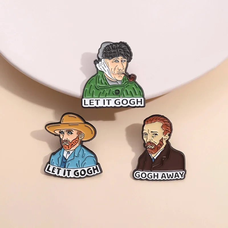 3PCS/SET Artist Van Gogh Painting Enamel Pins Custom Self-portrait LET IT GOGH Brooches Lapel Badges GOGH AWAY Jewelry Wholesale