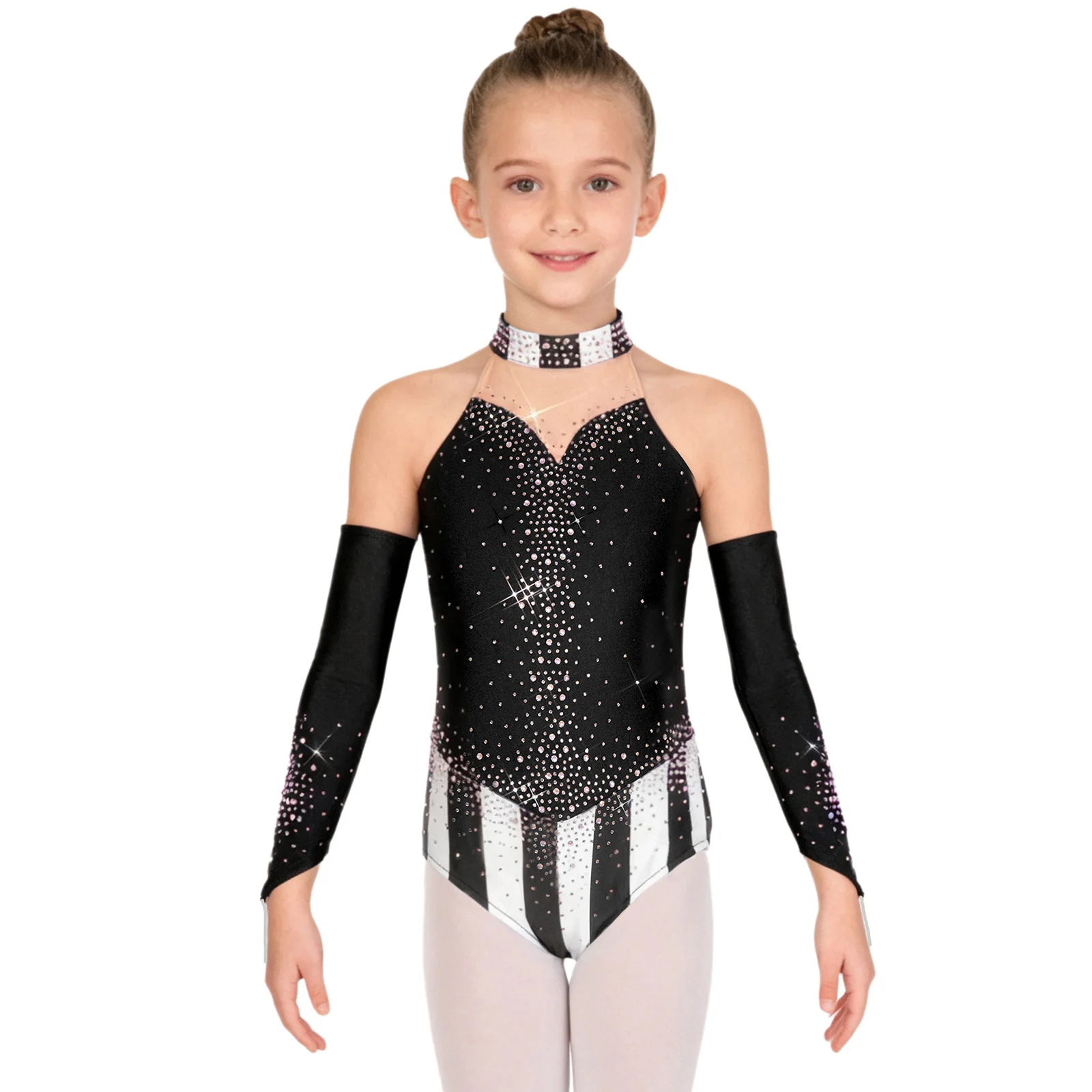 

Kids Girls Rhythmic Ballet Waltz Dance Leotard Sleeveless Rhinestones Gymnastics Acrobatics Dance Jumpsuit And Oversleeves Sets