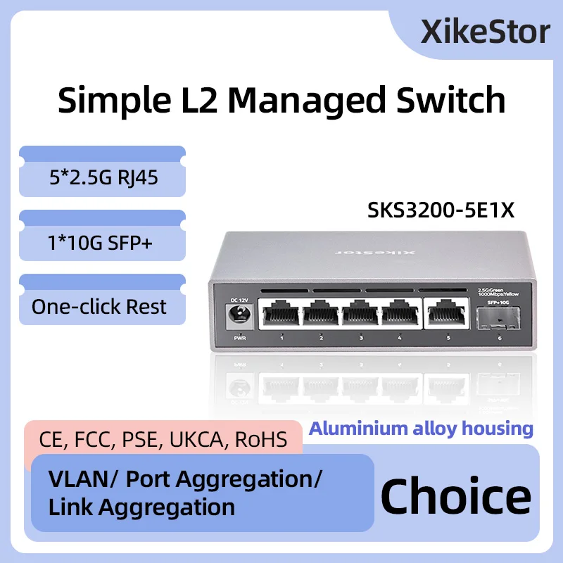 XikeStor 6-Port 2.5G Simple L2 Web Managed 5 Ports 2.5g RJ45 and 10gbe SFP+ Slots Network  Fanless Plug and Play