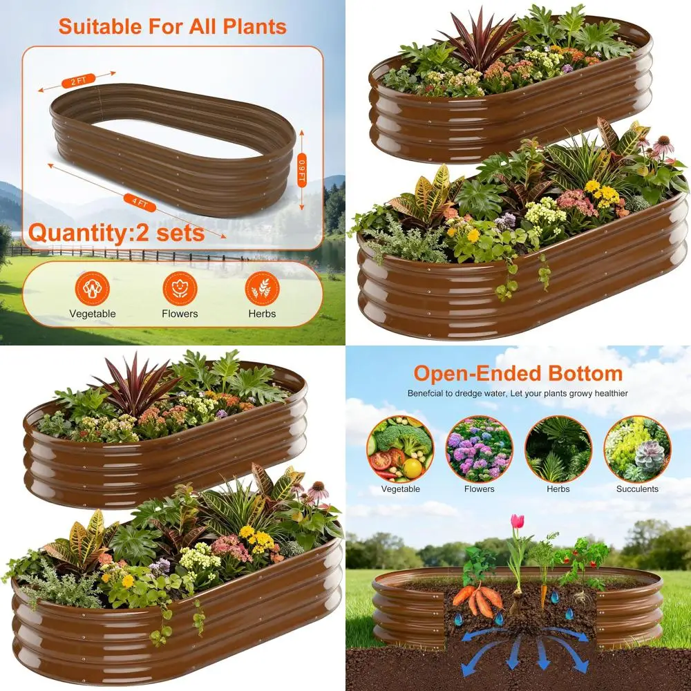 

Oval Outdoor Large Metal Planter Sets for Vegetables, Flowers, and Herbs - No Heavy Metals