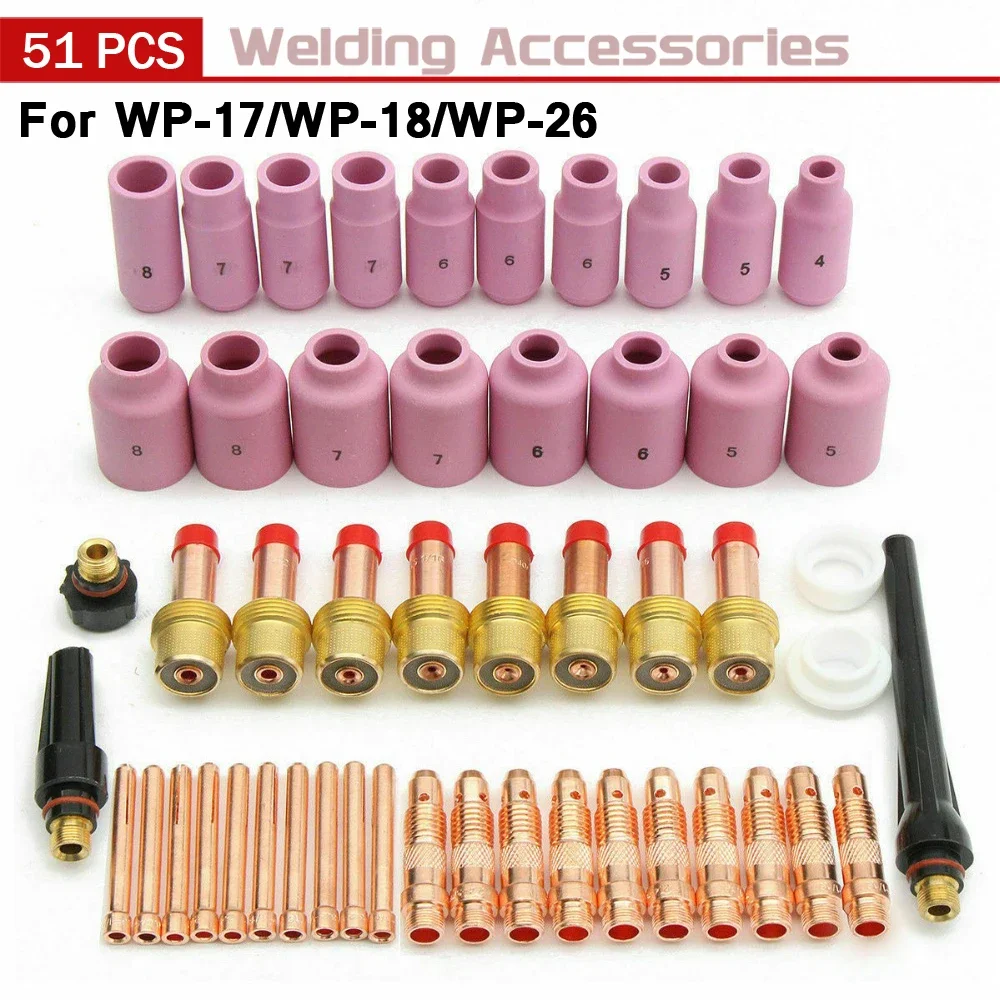 

51Pcs TIG Welding Torch Gas Lens For WP17 WP18 WP26 TIG Back Cap Collet And Collet Body Spares Kit Durable Practical Accessories