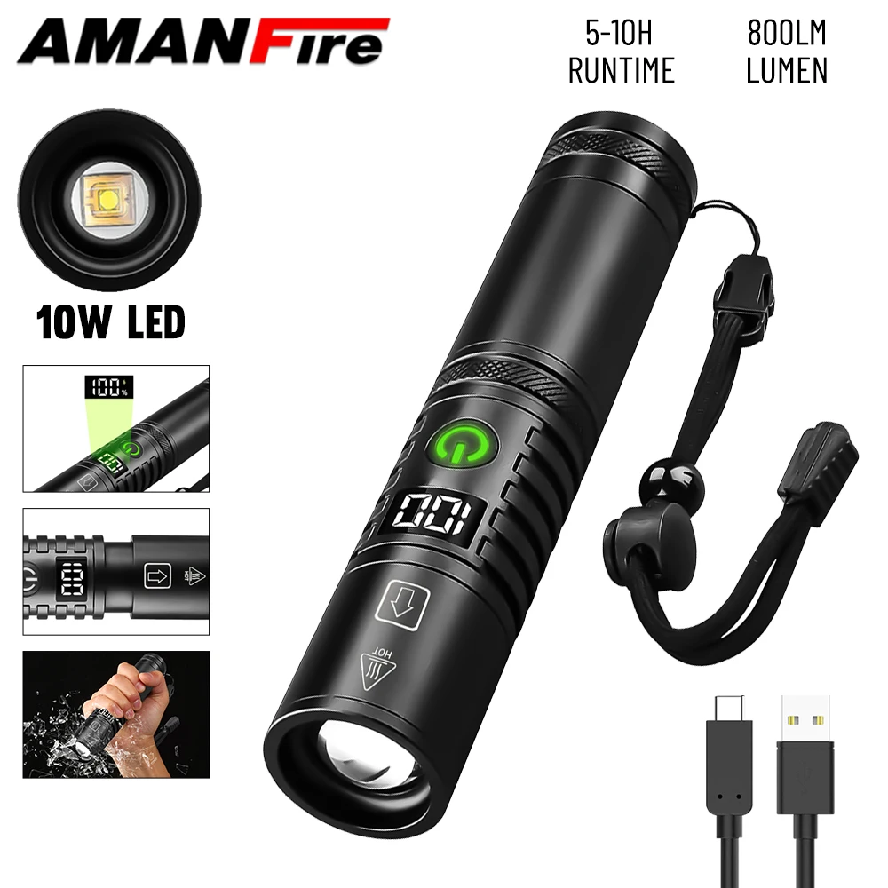 

Amanfire X88 Outdoor Flashlight Telescopic Zoom 10W LED Light 800 lumens Range 1500M Ultra Bright Torch