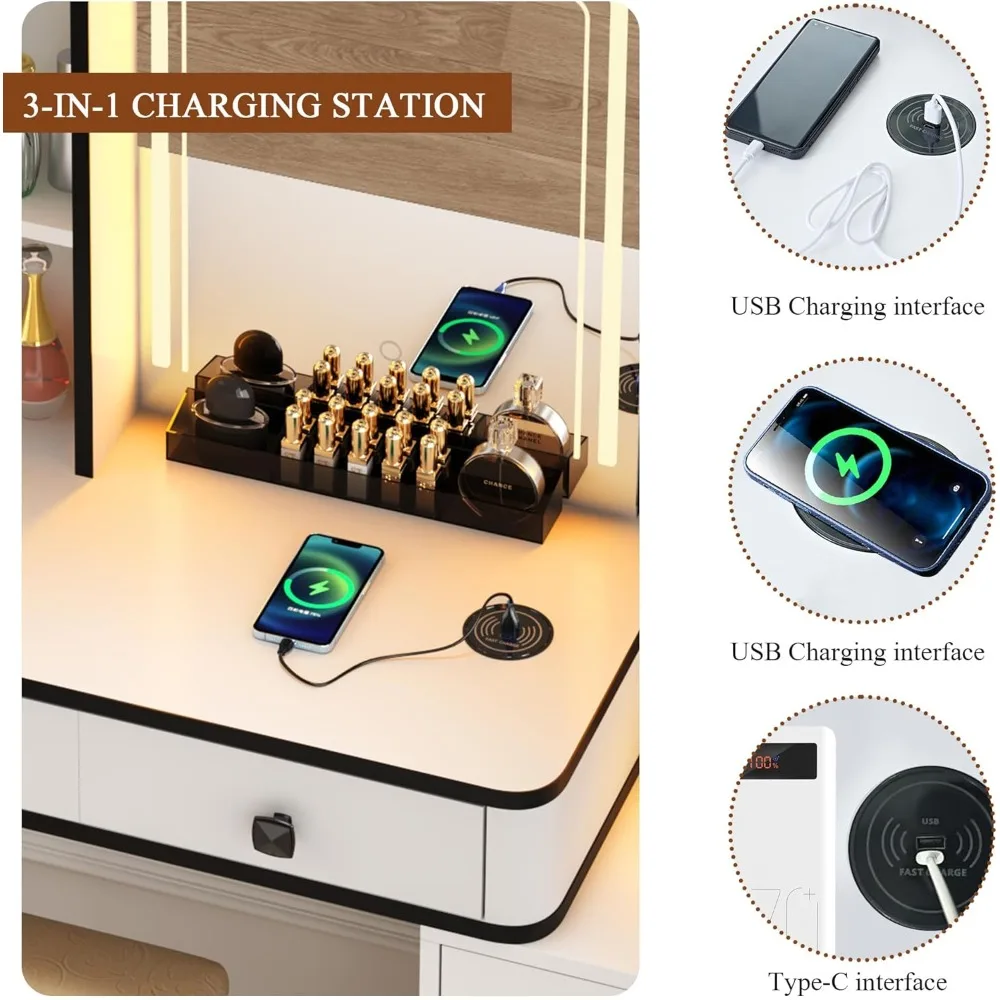 مجموعة مكتب Soges Vanity، مرآة وأضواء LED للمكياج المدمج، مقعد مبطن، طاولة تزيين مع خزانة تخزين، Stora #5