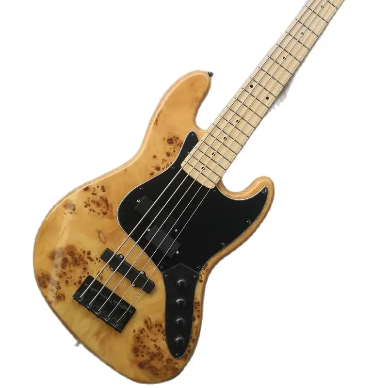 5 Strings Naturl Bass Guitar Burl Maple Top ASH Wood Body  Maple Neck Fixed Bridge Black Pickguard