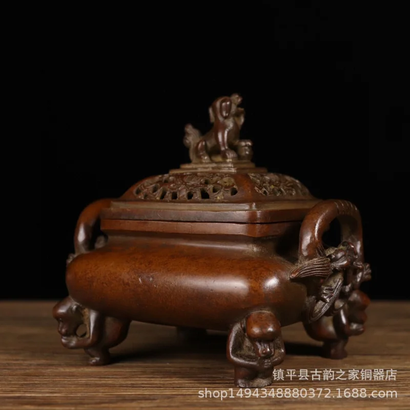 Pure Copper Chilong Ear Monkey Foot Tripod Brass Incense Burner Ornament for Office Living Shop Study Room