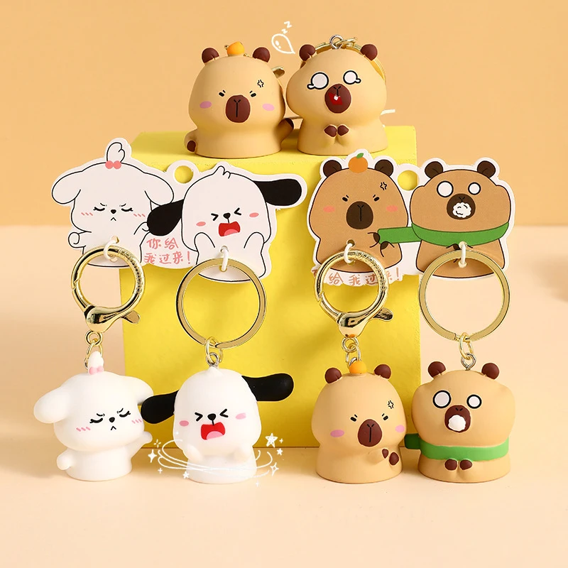 Grappig Paar Sleutelhanger Cartoon Capibara Pull Sjaal Boze Draai Gezicht Pop Sleutelhanger Schattige Vriendin Gekweld Trekoren Hond Beer Keyfob