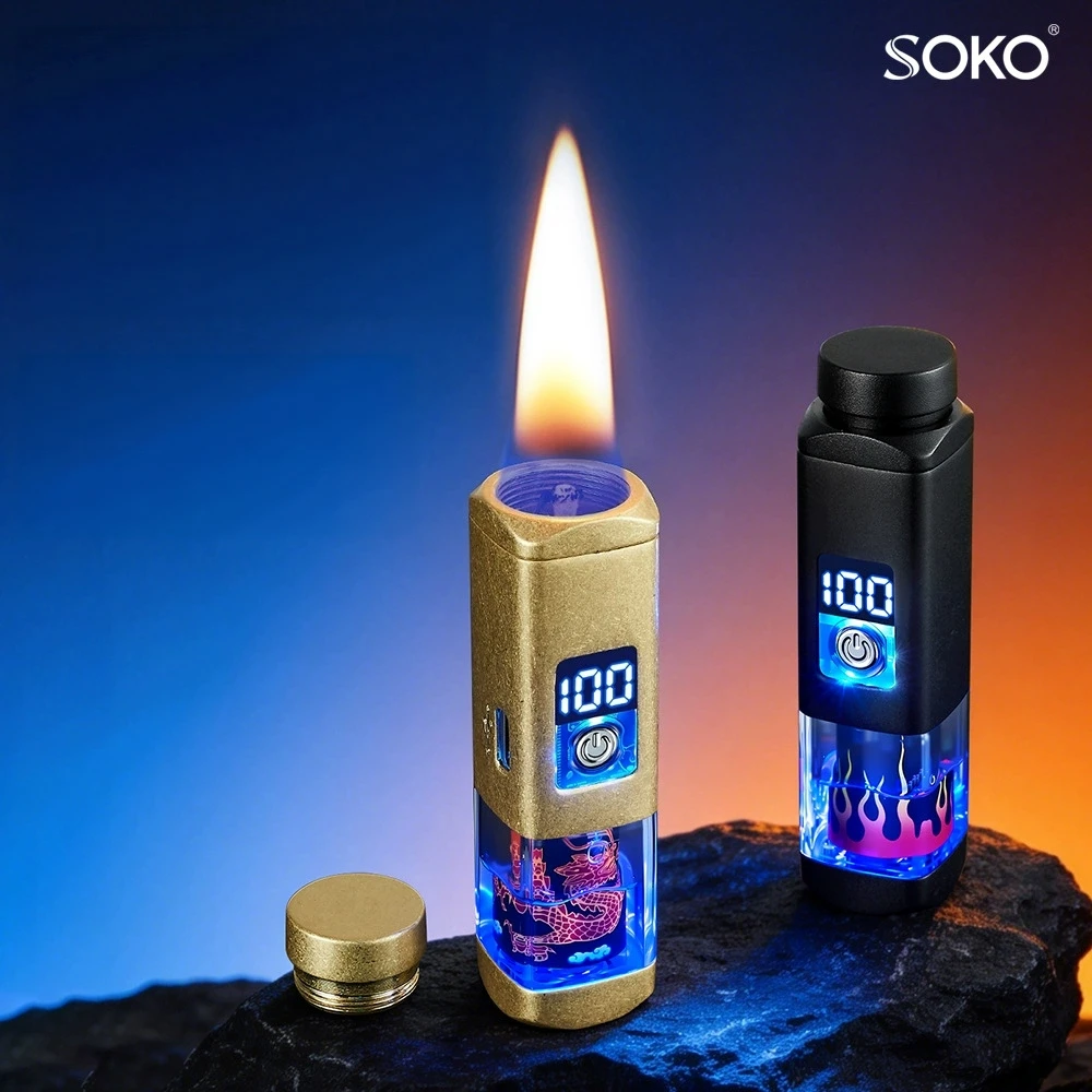 Metal Digital Display Creative Intelligent Lighter Oil Electric Hybrid Fire Button Ignition Visual Window Windproof Lighter Gift