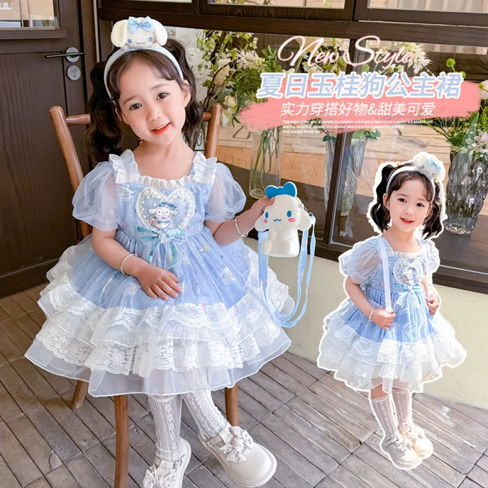 Anime Sanrio Girls Lolita Princess Dress Formal Dress Cute Cartoon Cinnamoroll Summer Dress Sling Mesh Tutu Skirt Kids Clothing