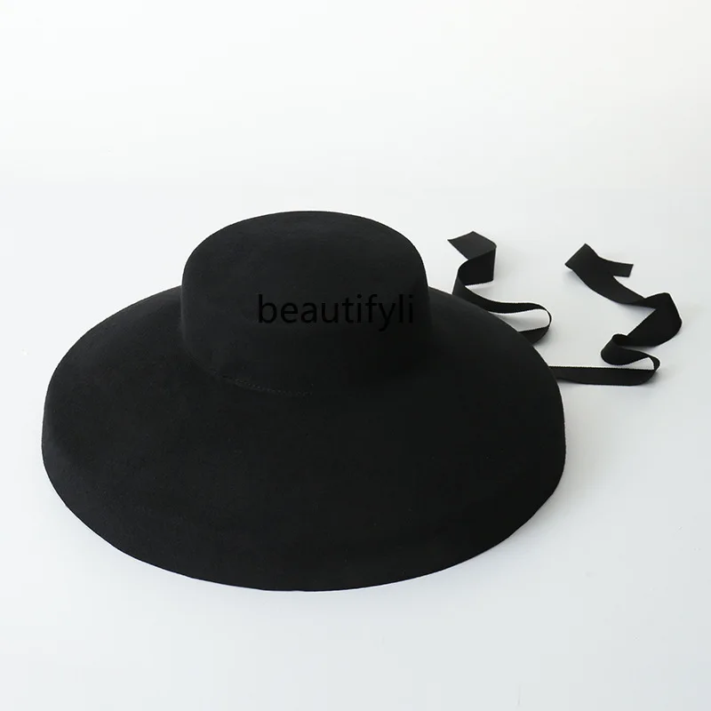 LBX plus-Sized Large Brim Shallow Flat Top Wool Top Hat Stage Shape British Elegance Felt Big Brim Bowler Hat for Women