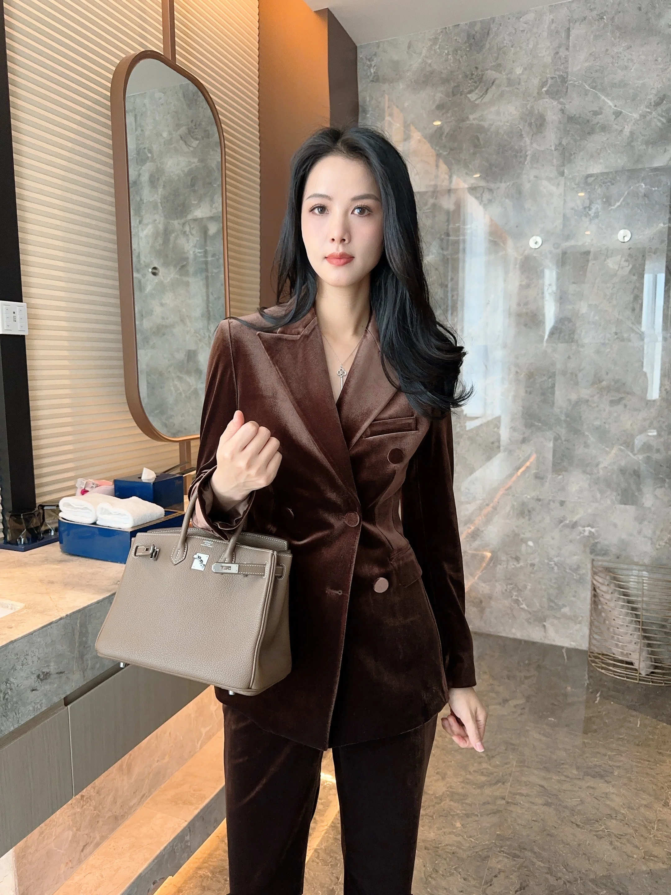 

Slim Fit Velvet Suit Set Coffee Color Double Breasted Faion Year End Par Activi Pants with Bell Bot And Jaet