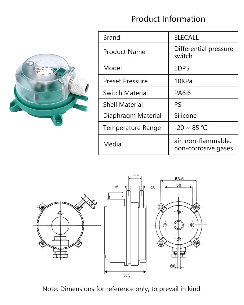 ELECALL Luftdifferenzdruckschalter, einstellbarer Mikrodruckschalter, optionaler Bereich 20 ~ 5000 Pa, 500 Pa, 300 Pa – Detail 5