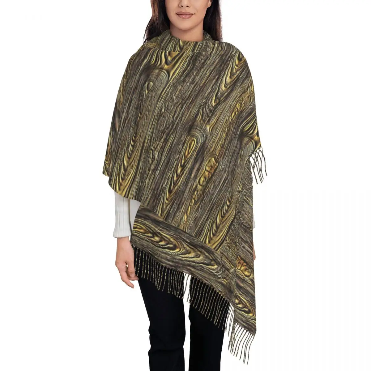 Golden Wood Growth Ring Texture Scarf Wrap Women Long Winter Fall Warm Tassel Shawl Unisex Scarves