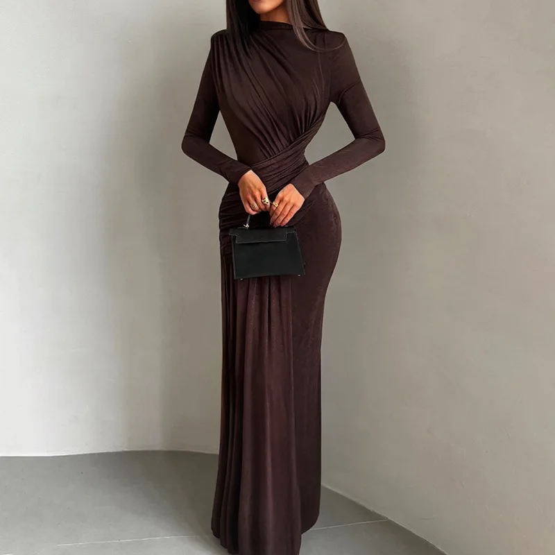 2025 Autumn and Winter New Fashion Temperament Solid Color Round Neck Long Sleeve Pleated Slim Dress Women