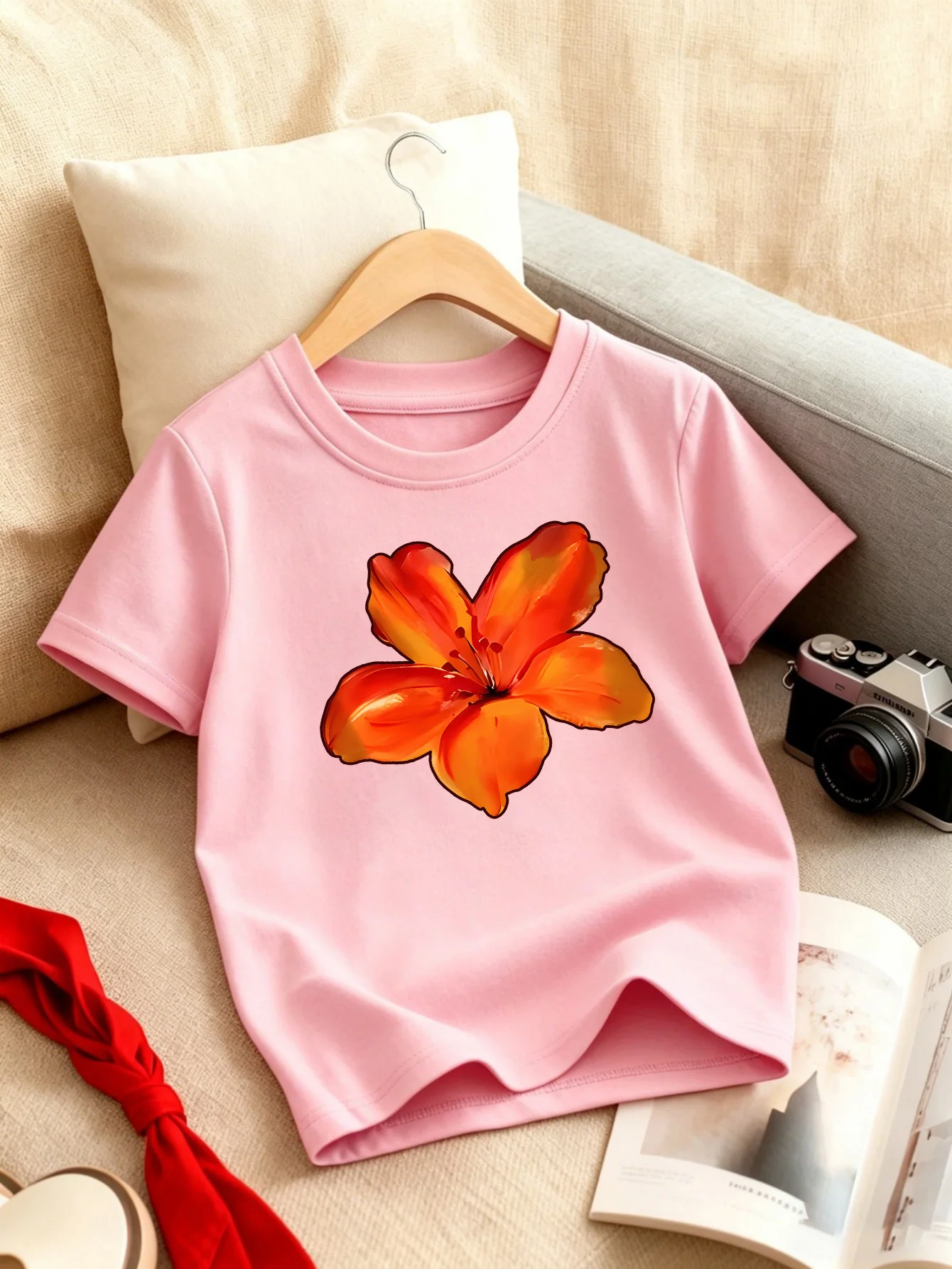 Vibrant Orange Lily Watercolor Floral Kids T Shirt Boys Girls Short Sleeve Crew Neck Cotton Parent Matching Tops Toddler Youth