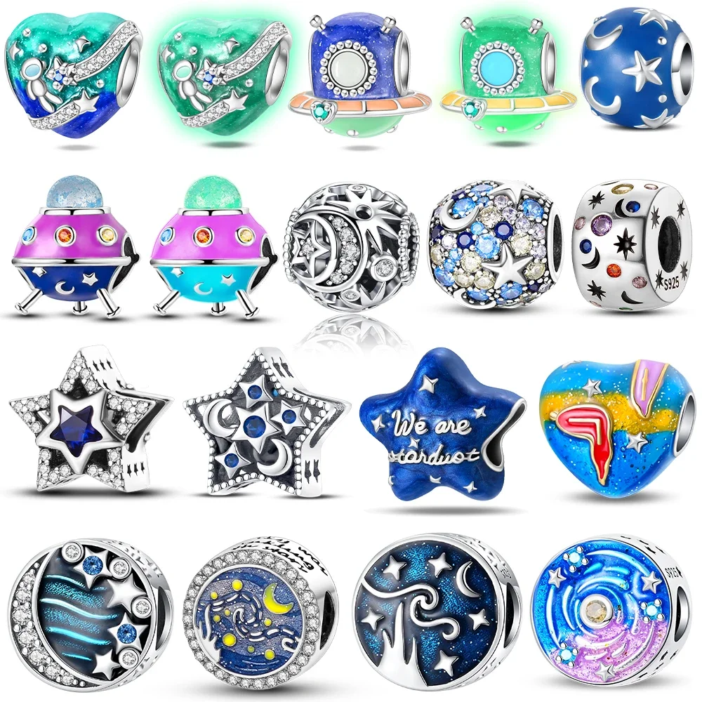 

Изысканные оригинальные красивые синие звезды космический корабль сердце подвески стерлингового серебра 925 пробы бусины подходят для браслета женские украшения Diy прекрасный подарок