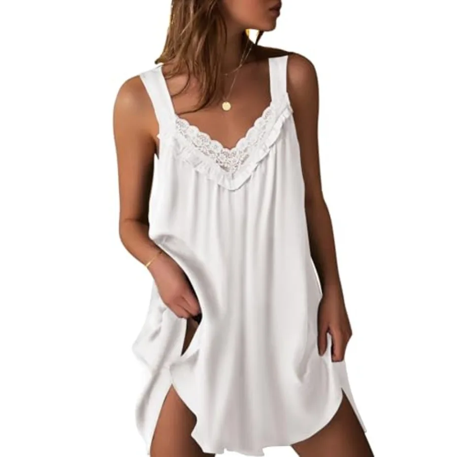 

Ekouaer Women's Satin Silk Nightgown V Neck Sexy Nightdress Tank Sleeveless Sleepshirt Lace Sleep Dress Nightwear S-XXXL