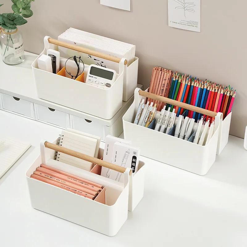 

Desktop Compartment Storage Box Stationery Organizing Watercolor Brush Remote Control Storage Box with Wooden Handel