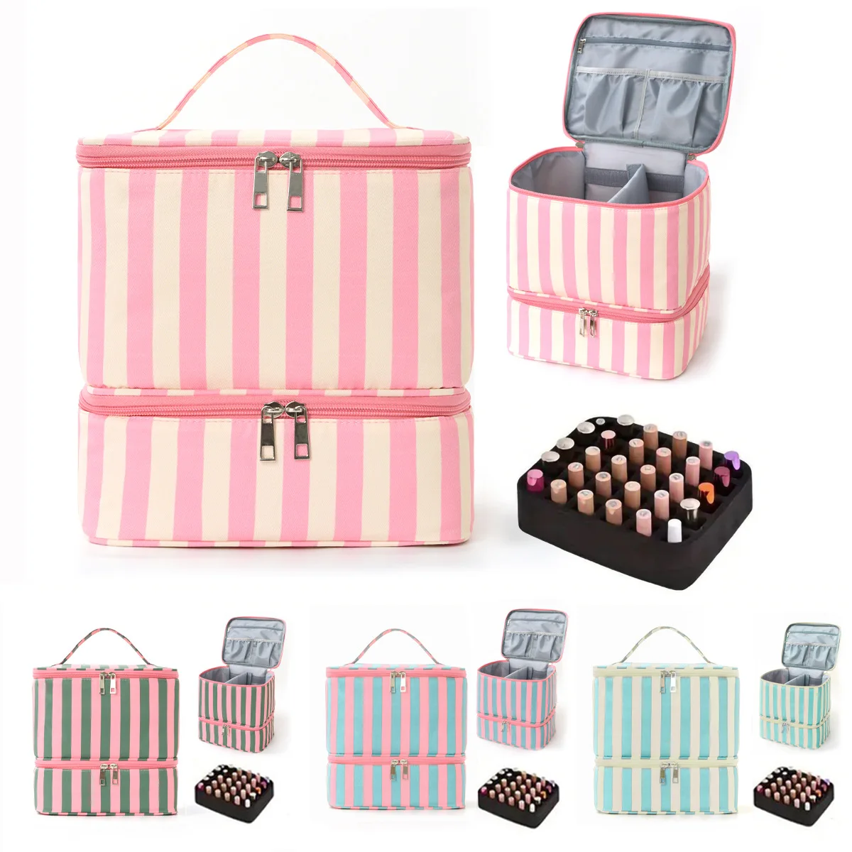 Portable Storage Bag Double Nail Polish Storage Bag Large Capacity High Value Striped Cosmetic Bag Fashion