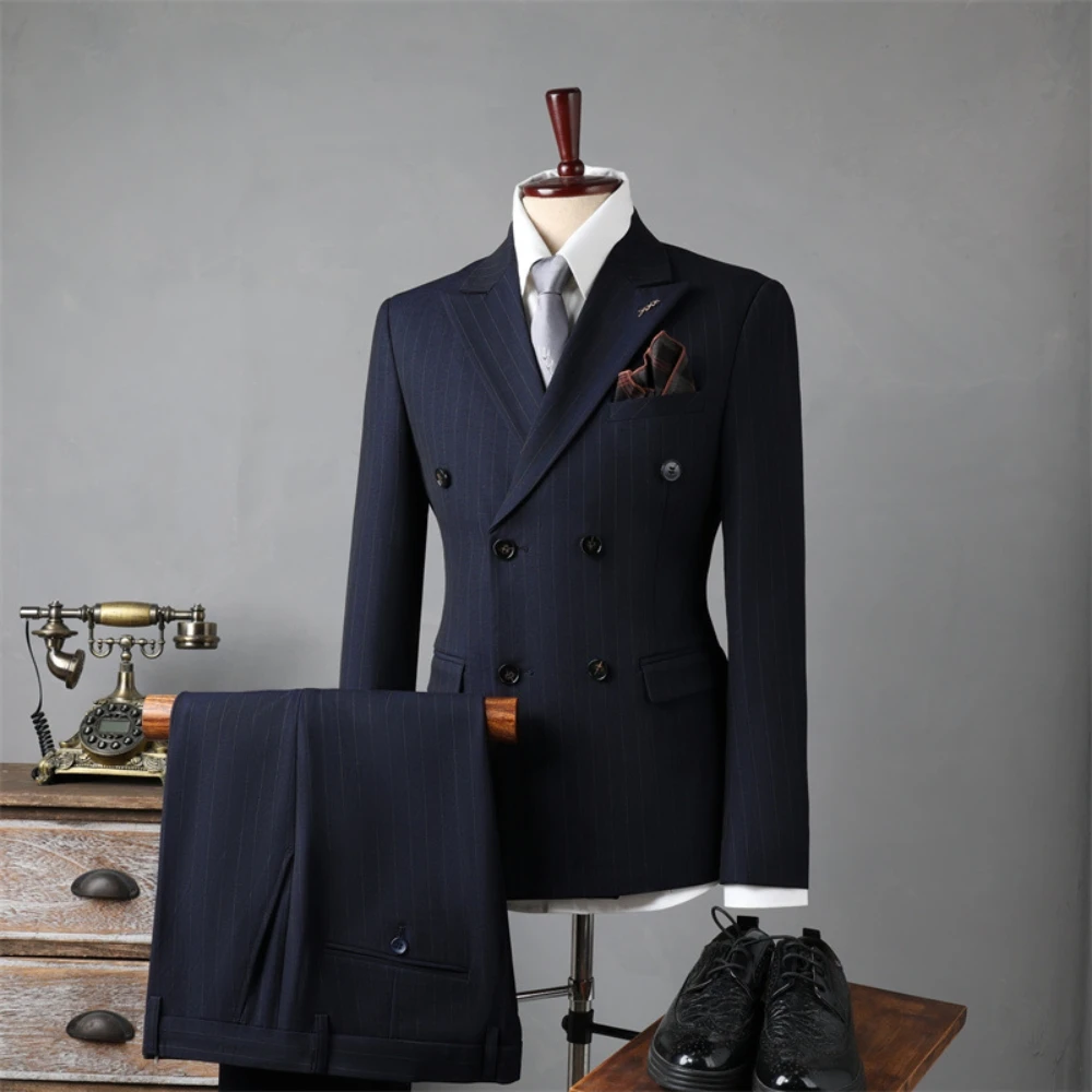 Fashionable On Duty Men's Suit Blazer Pants Two Pieces Striped Groom Wear Classy Slim Dancing Set In Stock Fast Shipping