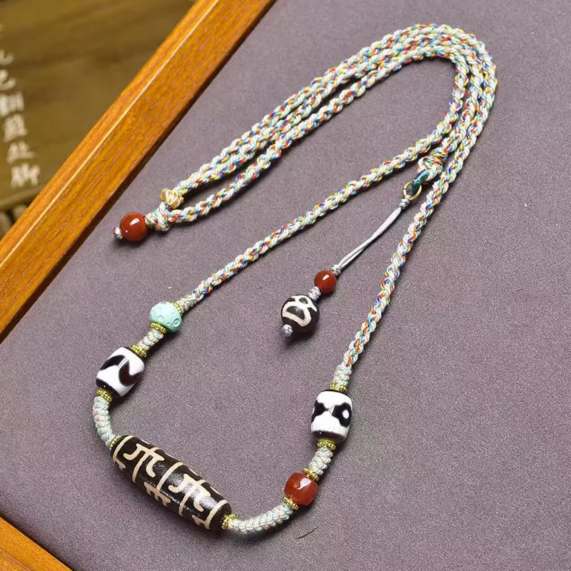 

Цепочка для свитера из натурального агата с подвеской из бисера Дзи, плетеное ожерелье из веревки