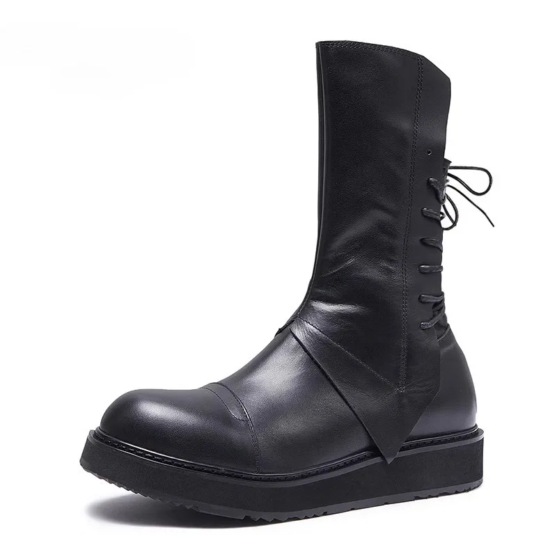 Design High end Genuine Leather British Style Riding Boots Men's Shoes Thick Bottom Casual Mid Top Knight Chelsea Boots Male