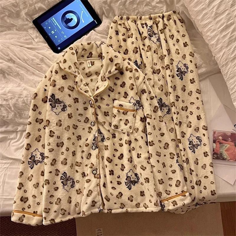 Hello Kitty Women's Pajama Set Flannel Leopard Pattern Pajama Warm Plush Pajama Fluffy Comfortable Home Clothes Two Piece Set