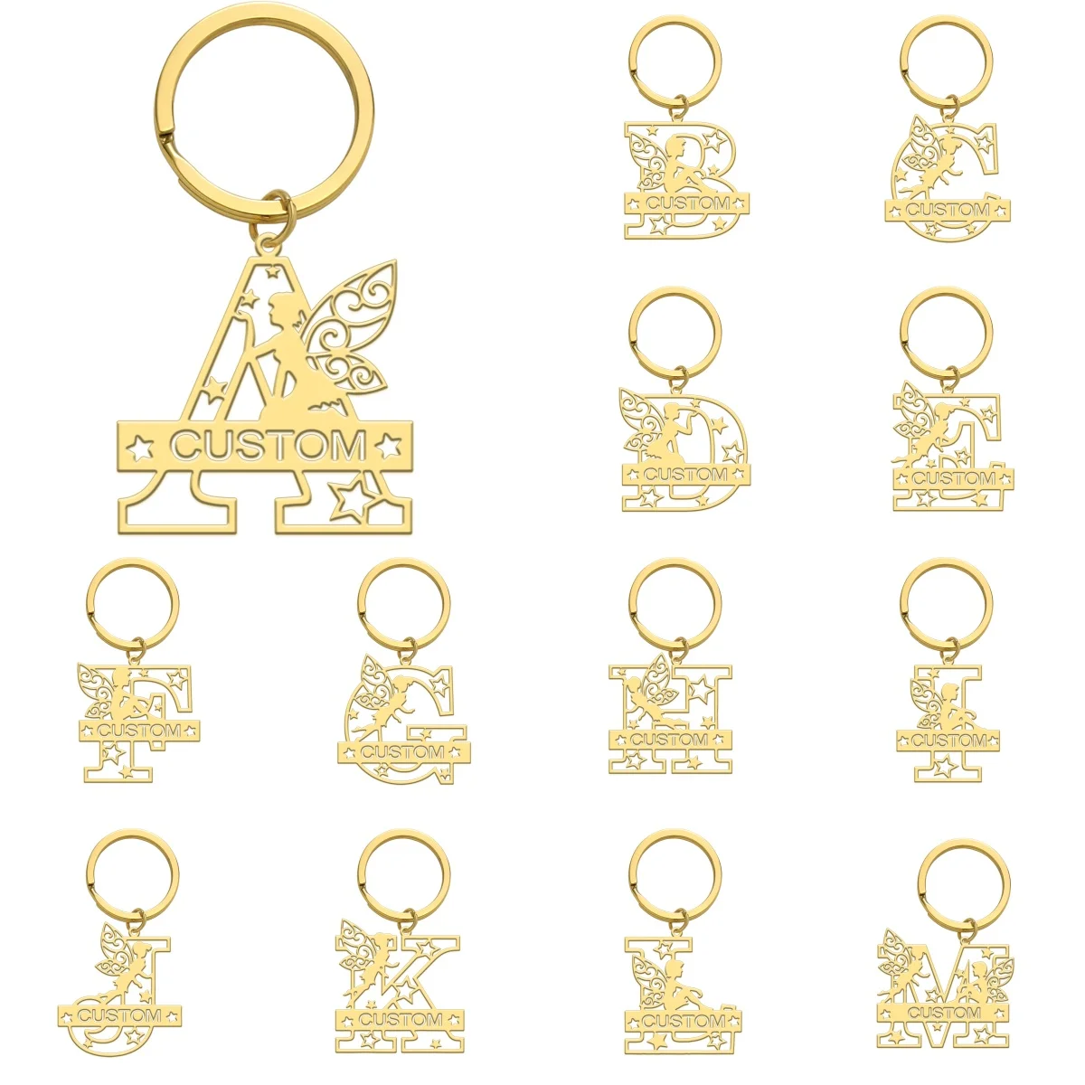 Jeshayuan Personalized Stainless Steel Angel Elves Customized Name Letter Gold Color Keychain