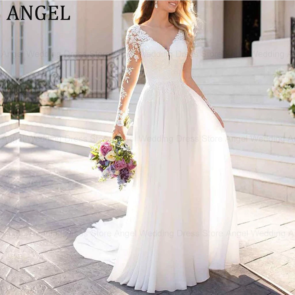 

ANGEL V-Neck Long Sleeves Chiffon Beach Wedding Dresses Backless White Lace Applique Bridal Dress Party Vestidos De Novia A-line