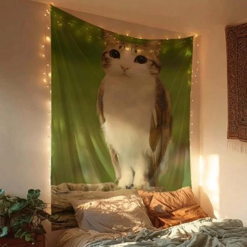 VIKAMA Weird Cat Owl Creature Wall Tapestry Funny Hybrid Animal Big Eyes Soft Green Print Cute Pet Room Decor Cloth