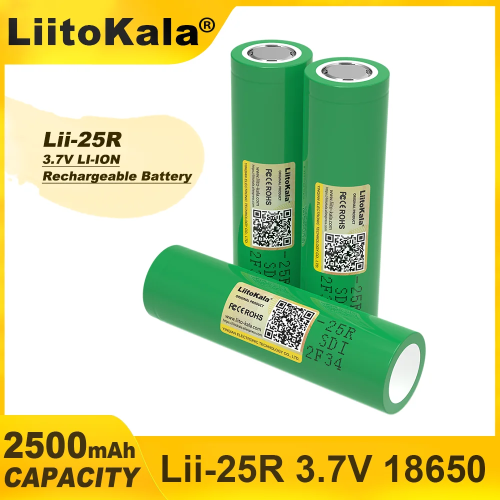 LiitoKala-rechargeable lithium-ion battery for flashlight, power tools, flashlight, headlamp, Lii-25R, 2500mAh, 18650 V