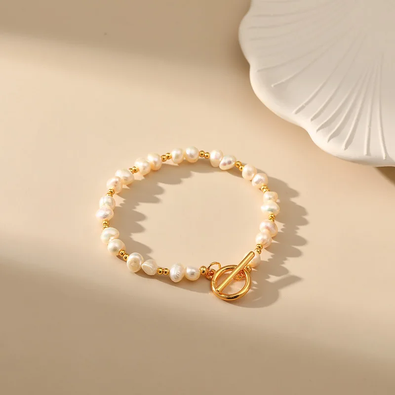 Summer New Fashion Natural Pearl Bracelet for Women Stainless Steel OT Buckle Bangles Original Korean Design Jewelry Accessories