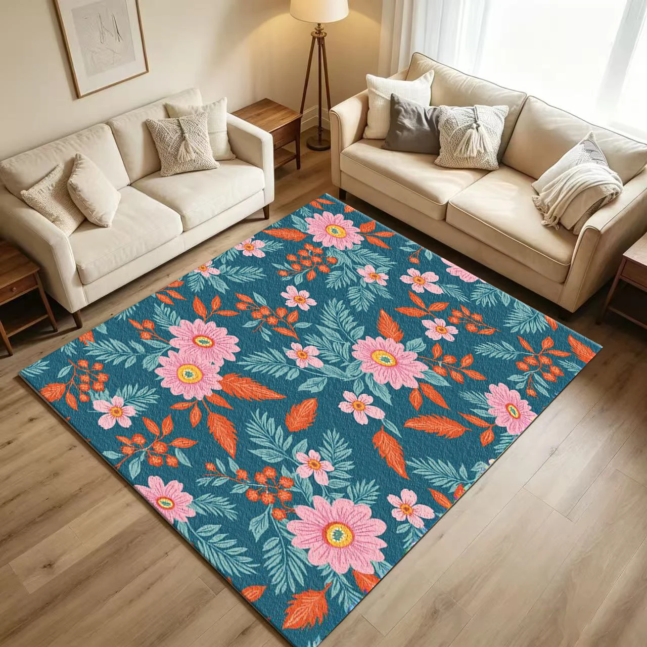 Retro Botanical Floral Carpet Flooring Teal Background Pink Daisy Orange Foliage Repeating Print Floor Rug for Household Indoor Home Interior Decor
