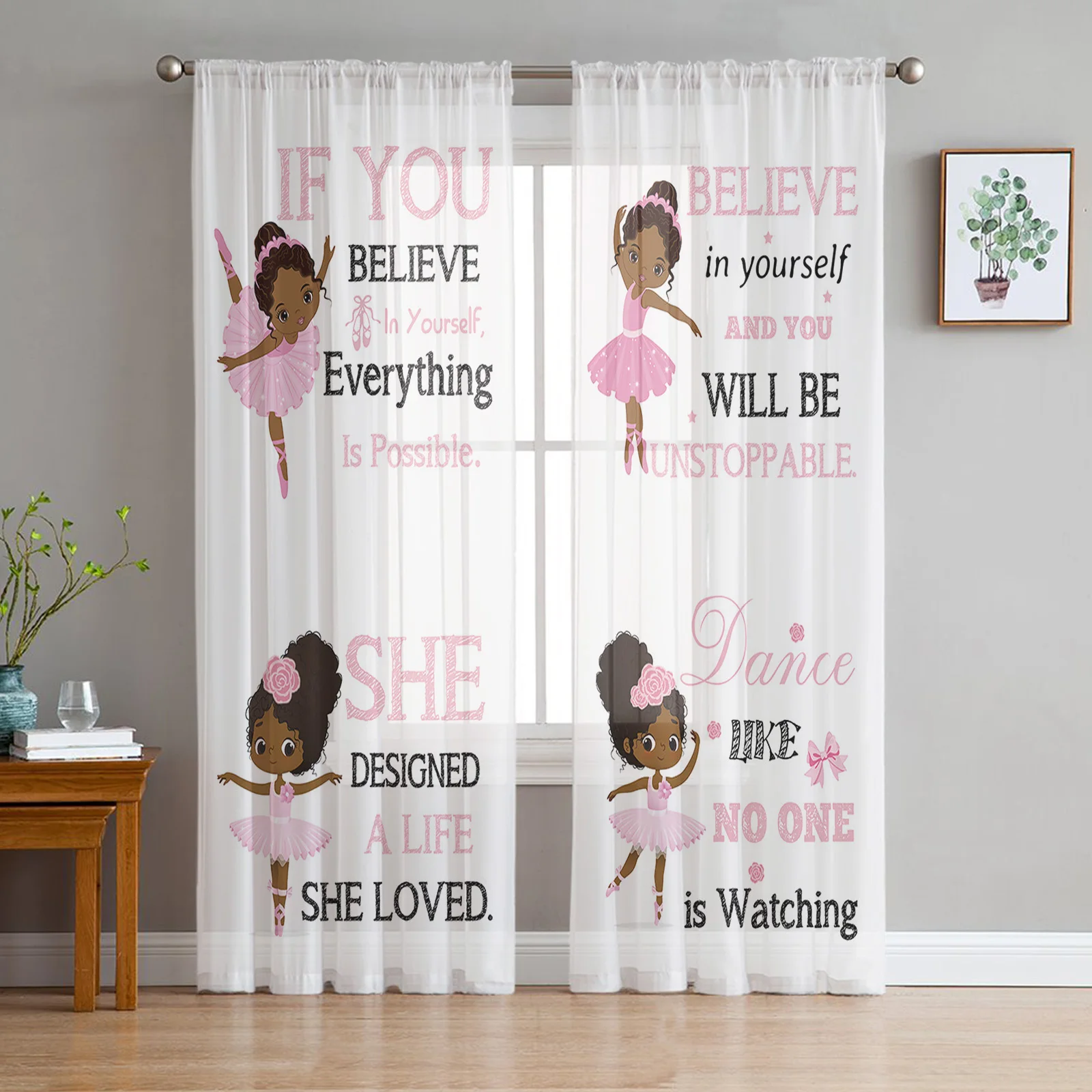 Pink Afro Ballet Girl Tulle Curtain For Living Room Bedroom Modern Sheer Curtains Decorative Window Treatment