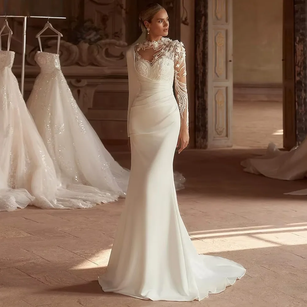 

Elegant Mermaid Long Sleeves Bridal Gown Delicate Handmade Flower Beading Wedding Dress Classic Jersey Customized Robe de mariée
