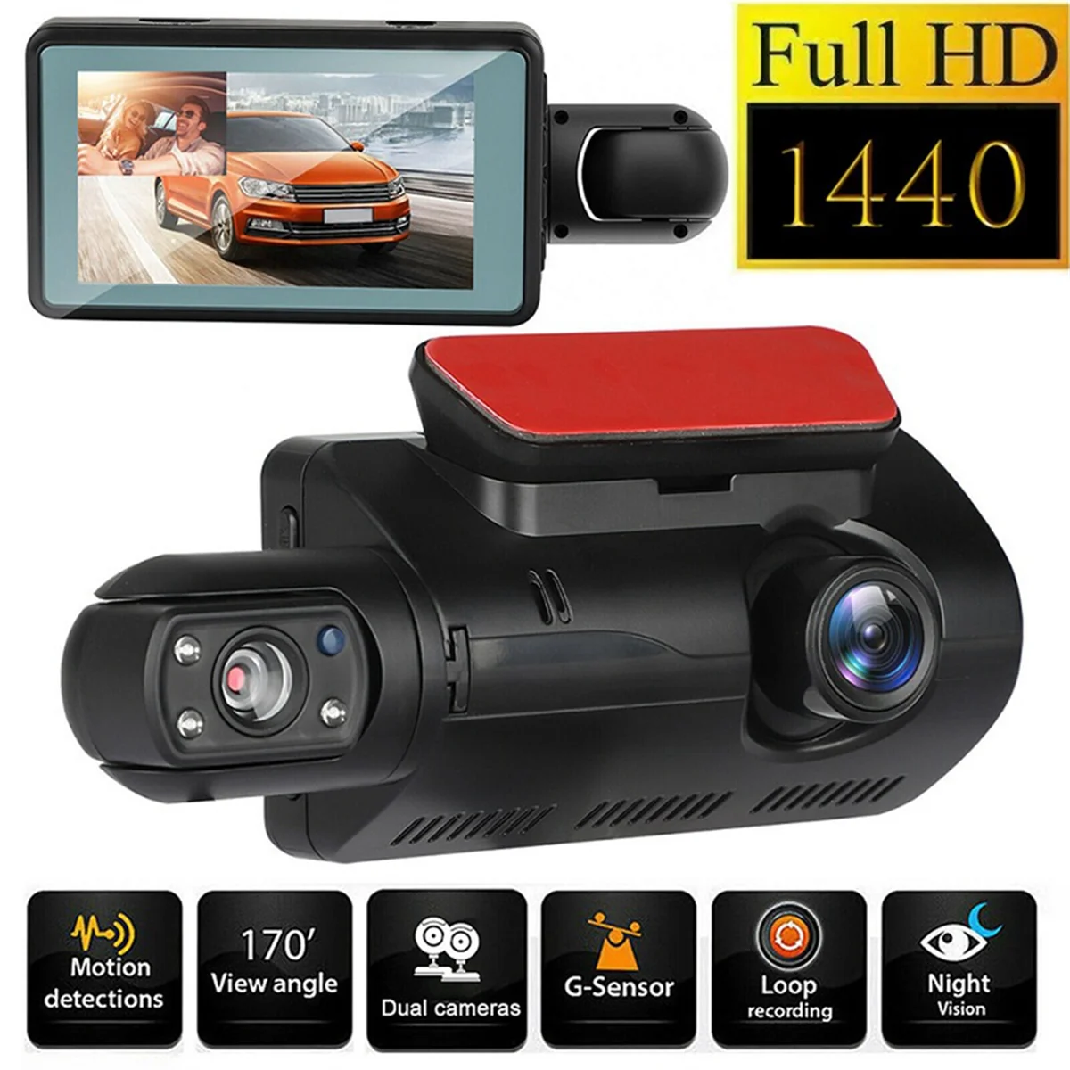 Dual Dash Cam Front and Inside 1440P+1080P Car Black Box Dash Camera 3 Inch IPS Camera Recorder Night Vision