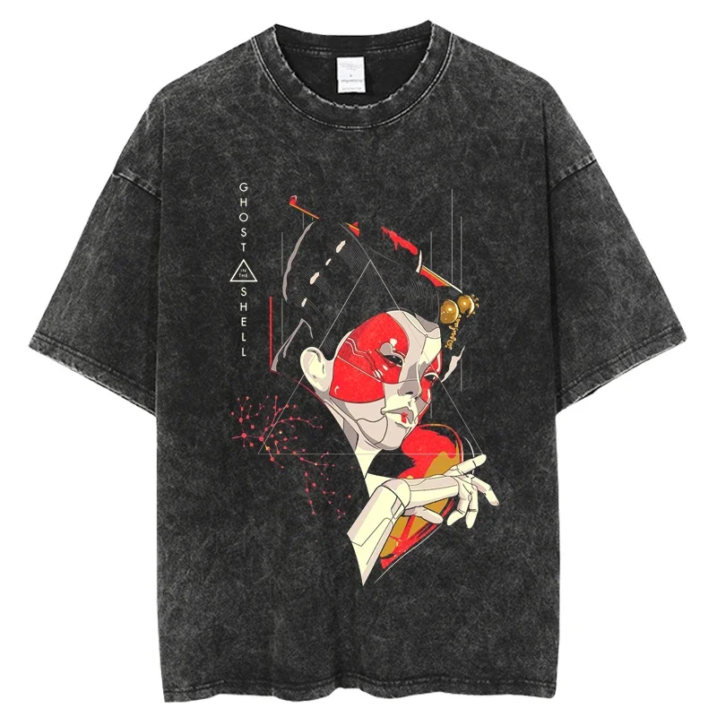 T-shirts Mens Clothing Graphic Manga Harajuku Tees Unisex Summer Top Male Streetwear Hot  Anime Ghost in the Shell Washed