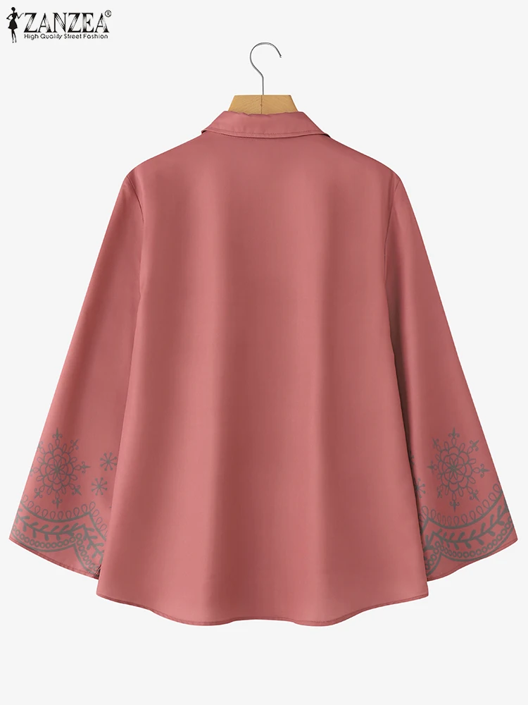 بلوزة قمصان نسائية عصرية بأكمام طويلة 2025 ZANZEA للخريف وطية صدر السترة مطبوعة بالورود بلوزات كلاسيكية غير رسمية فضفاضة أنيقة