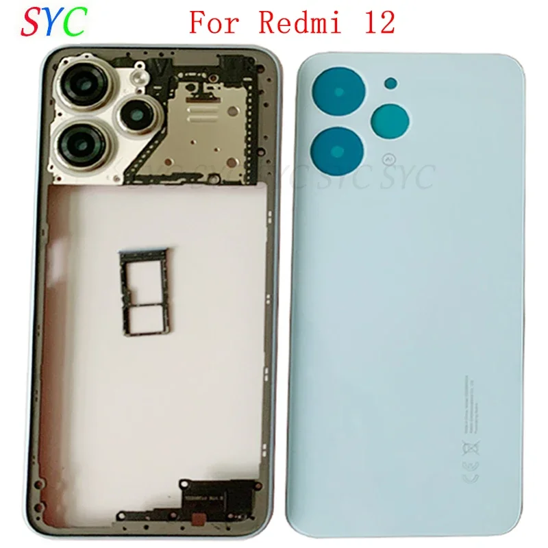 

Back Door Battery Cover Housing Case For Redmi 12 Rear Cover with Middle Frame Sim Card Tray Logo Repair Parts