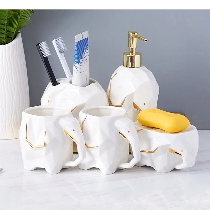 Elephant Shape Ceramic Shampoo Lotion Bottles Home Bathroom Mouthwash Cups Soap Dish Toothbrush Holder Accessories Set