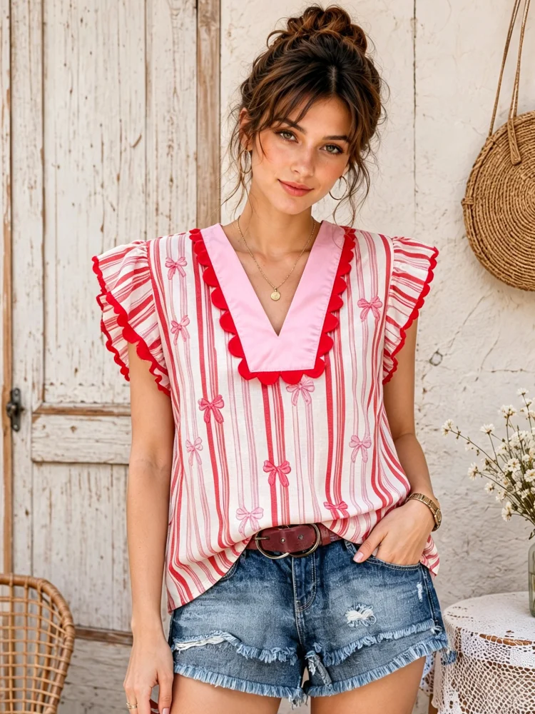 2026 New Women's Blouse, with Shiny Satin Weave and Pink Wave Pattern Decoration, Red Pastel Vertical Stripes mini Bow Print Loose Casual Top, American Size, Warehouse Delivery, Fast Shipping, Fashionable and Sweet Style, Suitable for Spring and Summer