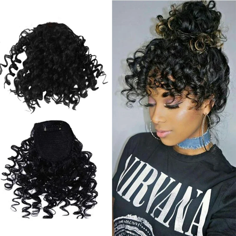 Afro Curly Bangs peruca para mulheres, preto, branco, franja falsa, clipes, natural, acessórios de cabelo sintéticos