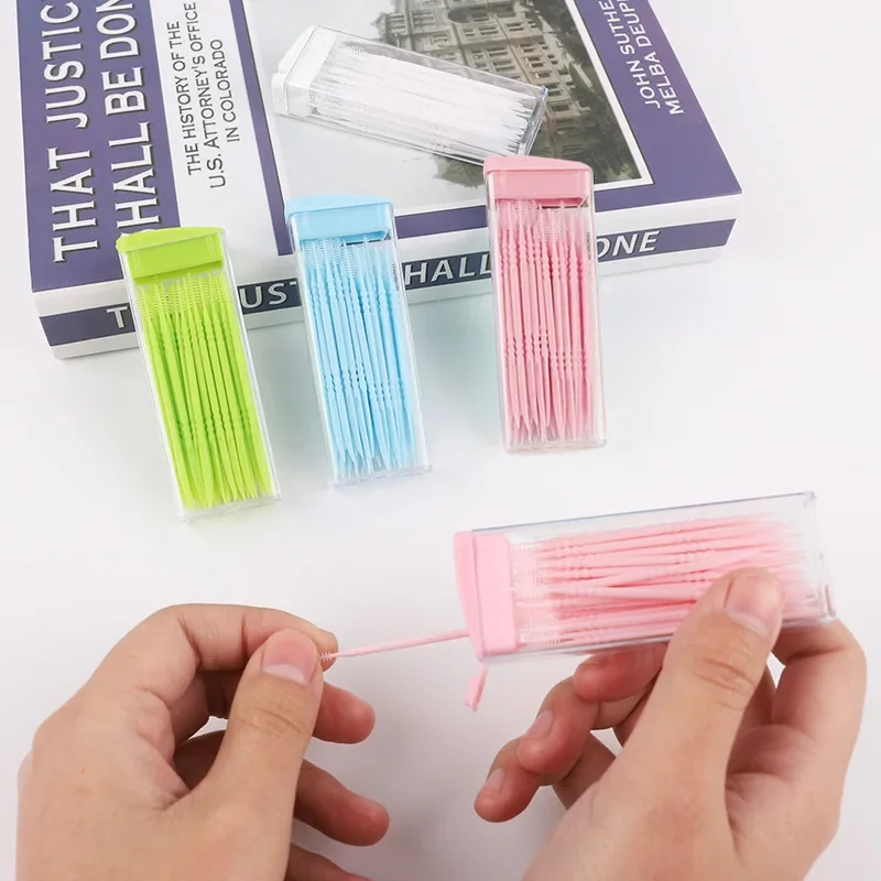 50pcs/lot Portable Disposable Plastic Toothpicks Teeth Cleaning Dental Flosser Travel Two-head Floss Sticks Color Random