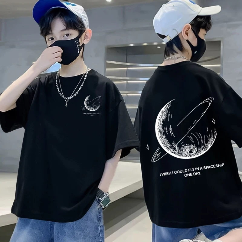 

2025 Children's Clothing Moon Print Graphic T Shirts Boys Summer Comfortable Cotton Short Sleeved T-shirt Girl Tops Streetwear