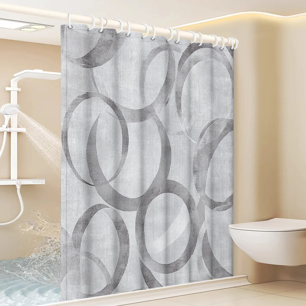 1pc Minimalist Geometric Ring Gray Printed Shower Curtain, Simple Artistic Style Bathroom Home Decor with Plastic Hooks, Suitabl