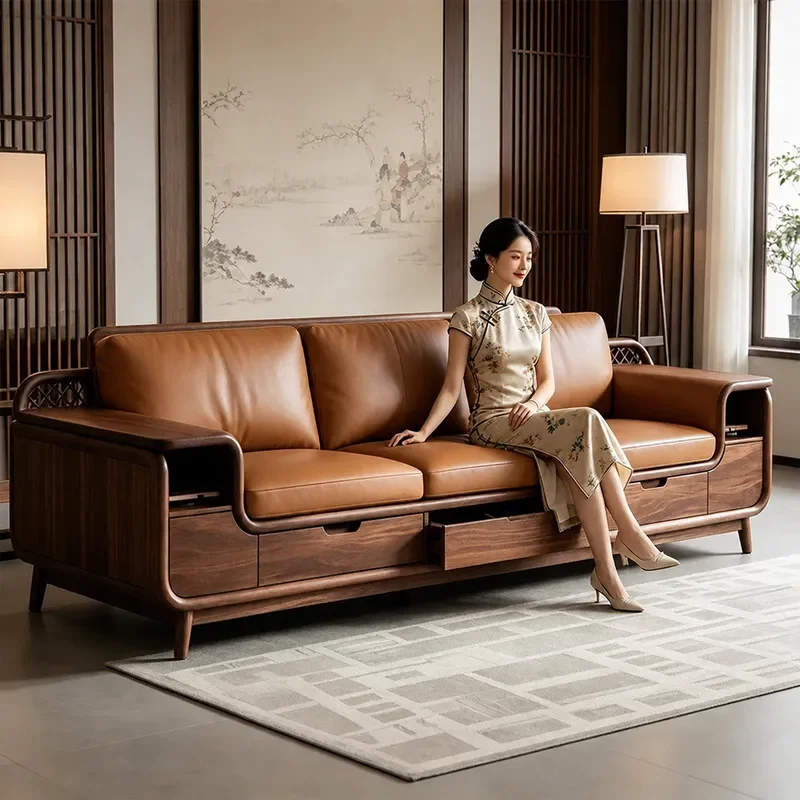 New Chinese Style North American Black Walnut Leather Sofa 2026 Solid Wood Straight Row Storage Song Aesthetics Living Room