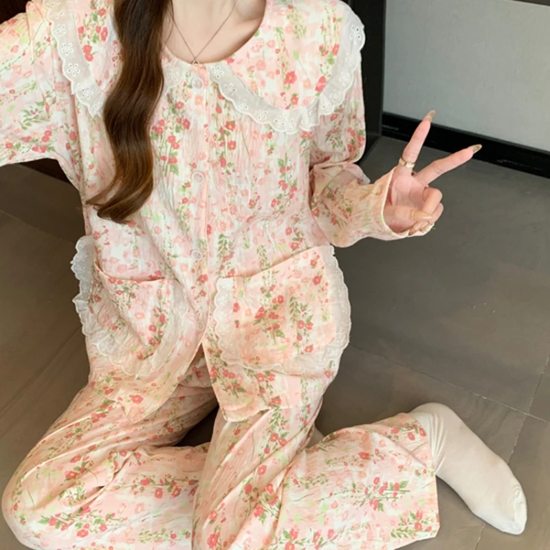 Pijamas de mujer con estampado de flores de estilo clásico chino, ropa de casa romántica y elegante de algodón con nube dulce, ropa de dormir para primavera y otoño 2025