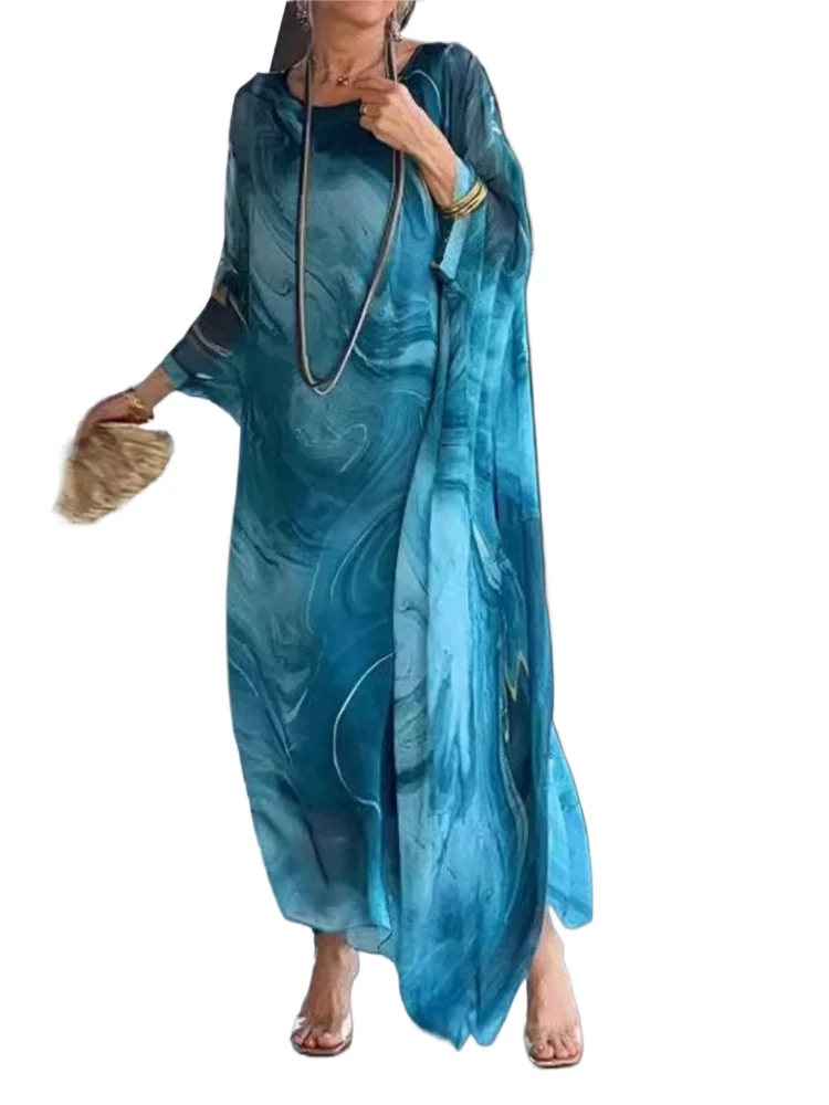 

Fashion Print Dress Lady Casual O Neck Long Sleeve Pullover Loose Dresses Robe Femme Holiday Beach Party Dresses Summer New 2025
