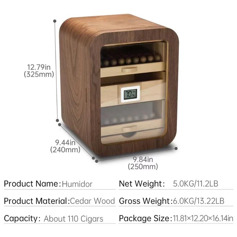 2026 High-Quality Cedar Wood Cigar Humidor Cabinet with Curved Ebony Light Luxury Design Large Capacity Stylish Cigar Box