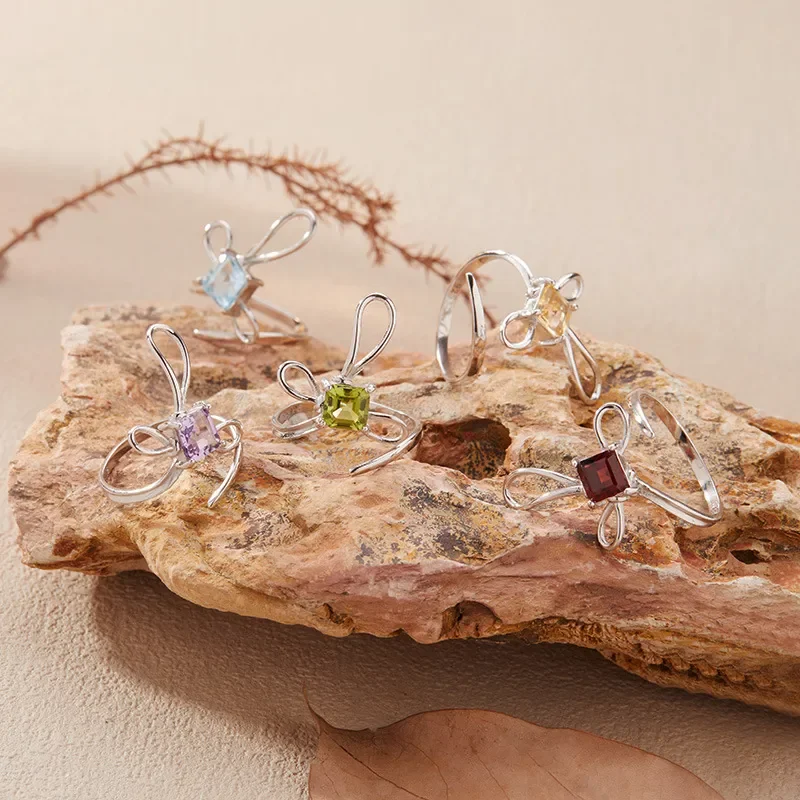 Butterfly knot natural purple citrine garnet olivine topaz ring women's s925 sterling silver colored jewelry